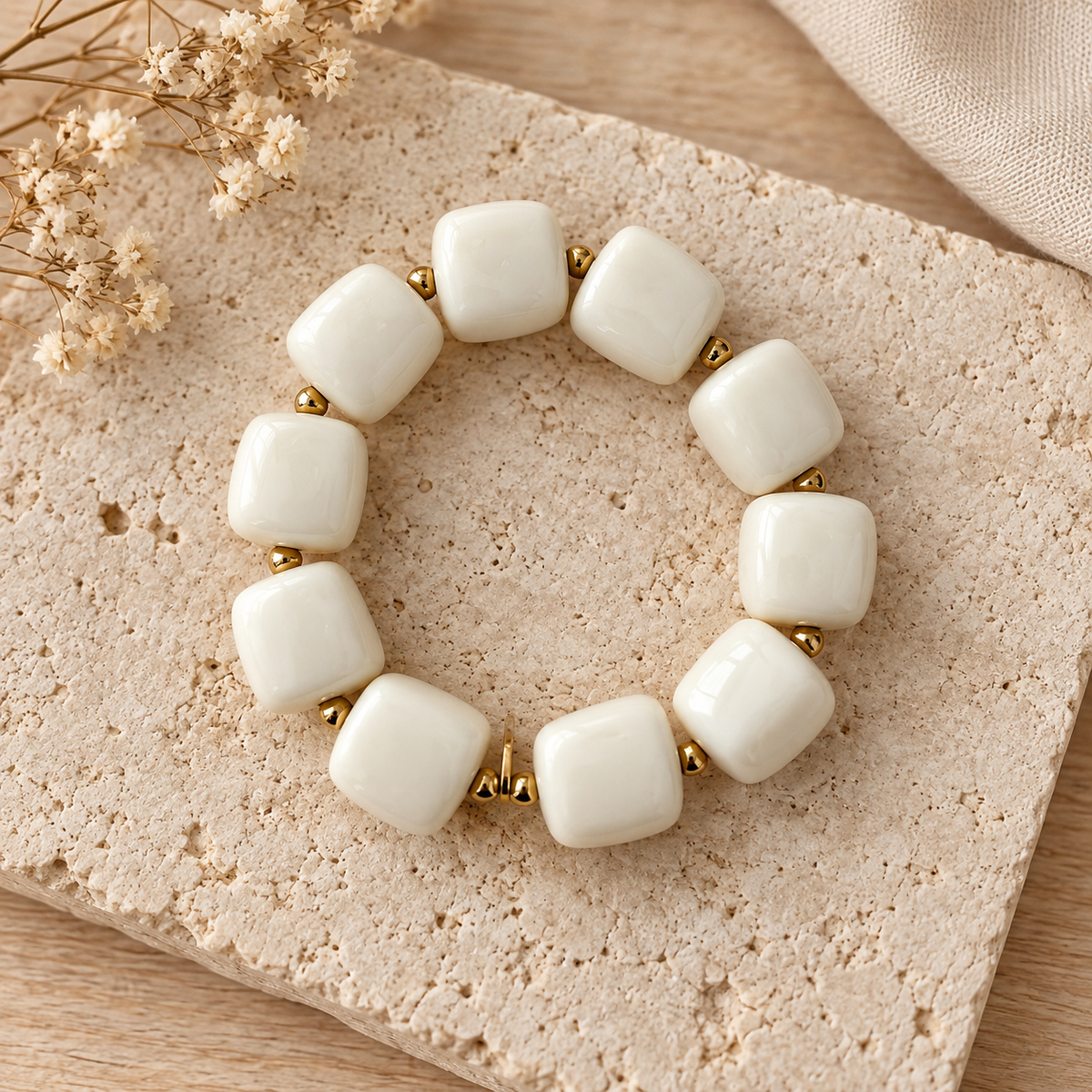 Bracelet Ice en perles carrées arrondies crème | Trésors de Ava
