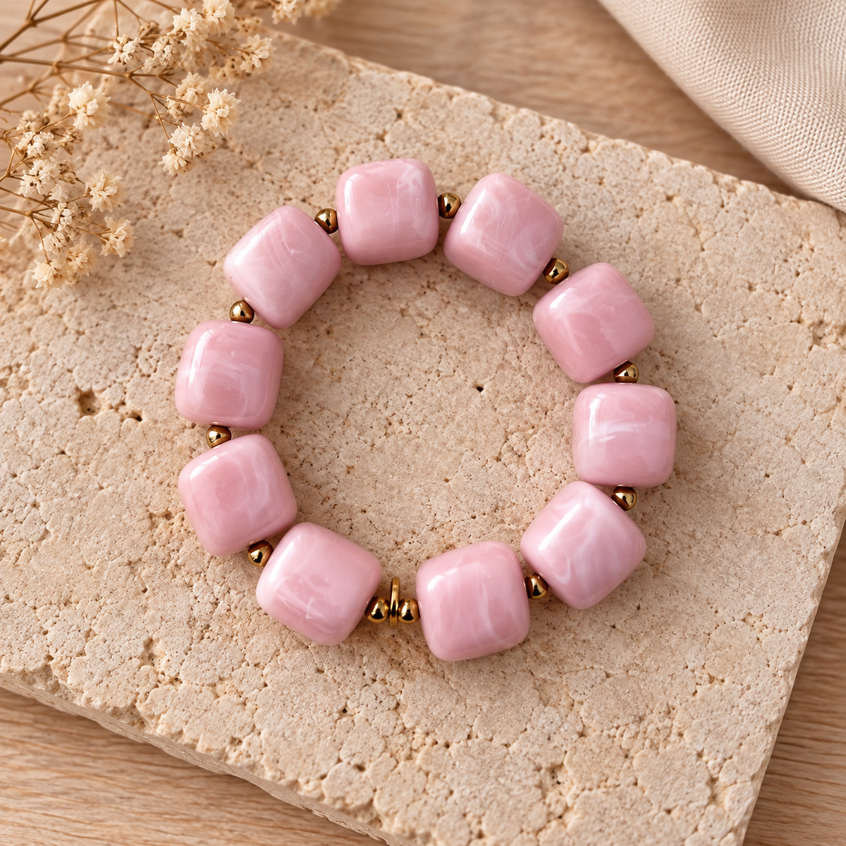 Bracelet Ice en perles carrées arrondies rose pâle | Trésors de Ava