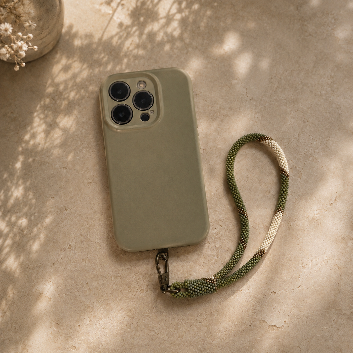 Dragonne de Téléphone Portable Népalais en Perles de Verre #DRA10 kaki