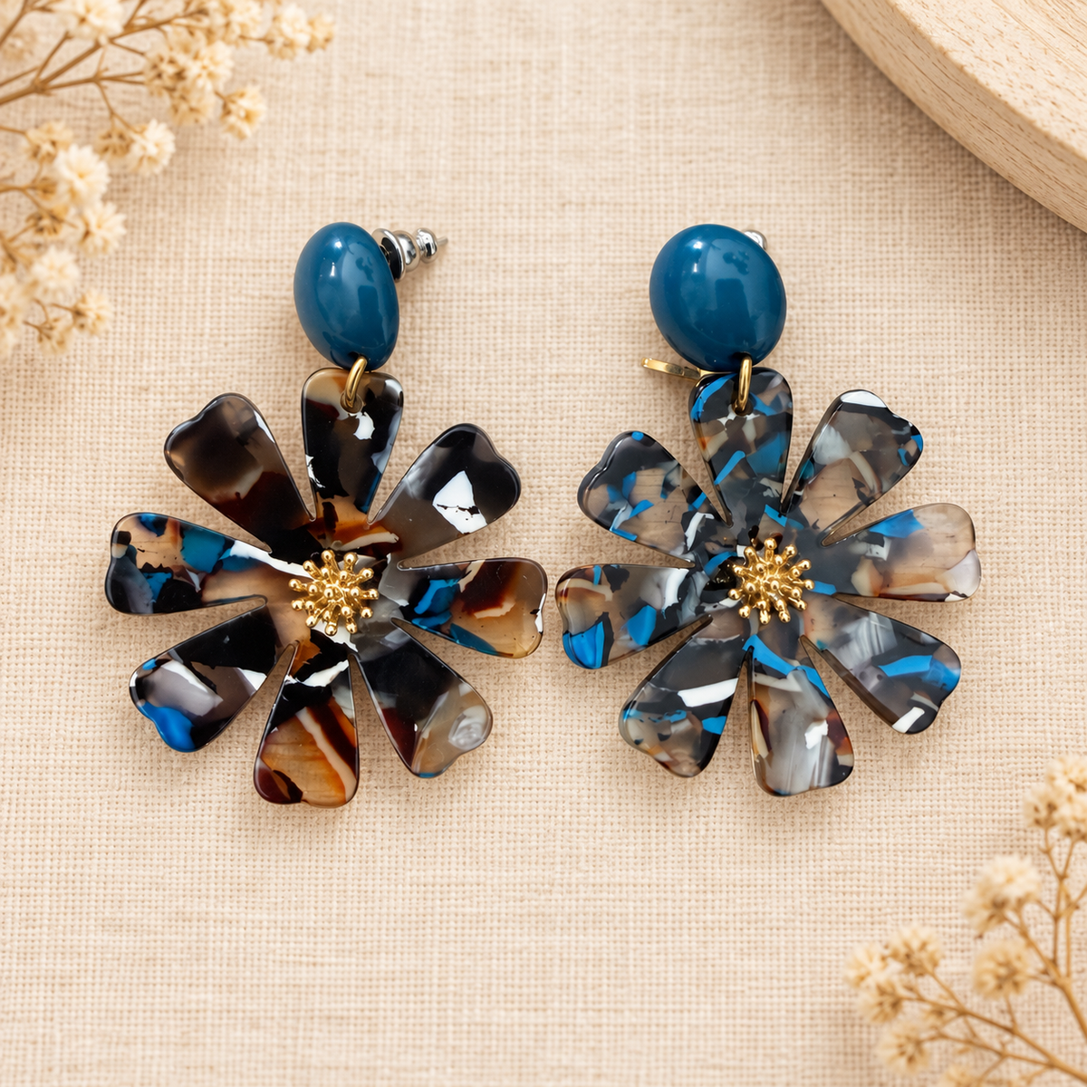 Dalhia – Boucles d’oreilles fleurs en acétate - 3 coloris bleus