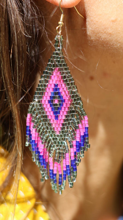 Boucles d'oreilles indiennes ANAYA fuchsia bleu et doré