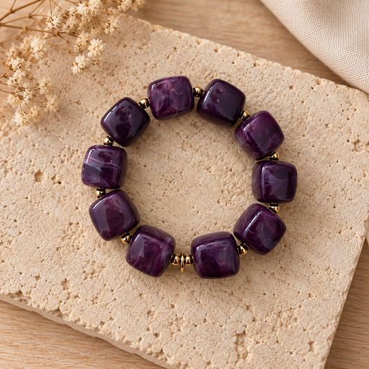 Bracelet Ice en perles carrées arrondies violet marbré  | Trésors de Ava